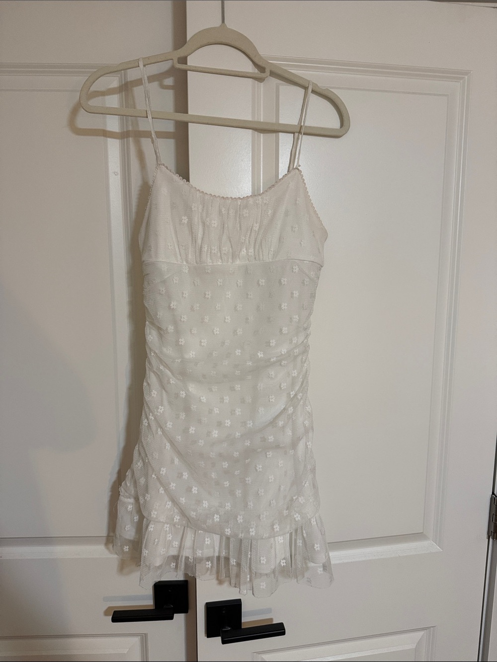 Altar'd State White Eyelet Ruffle Spaghetti Strap Dress, perfect for graduation!